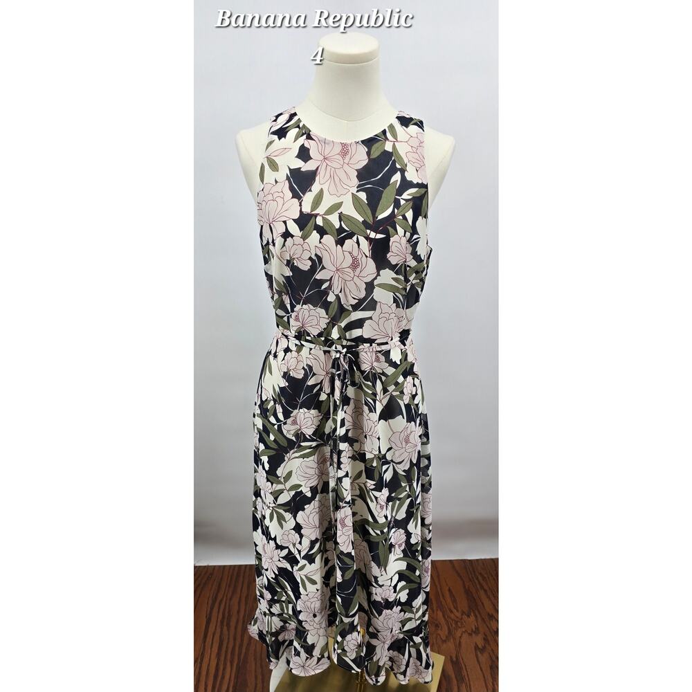 Banana Republic Floral Midi Dress Size 4 NWT Tie Waist Sleeveless Botanical Fall